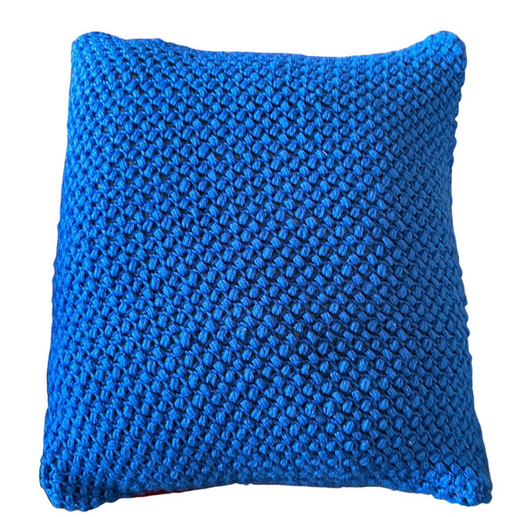 Hand Crafted Bright Blue Knit Throw Pillow Cover 18 x 18 Hand Crochet Heirloom - Picture 1 of 14